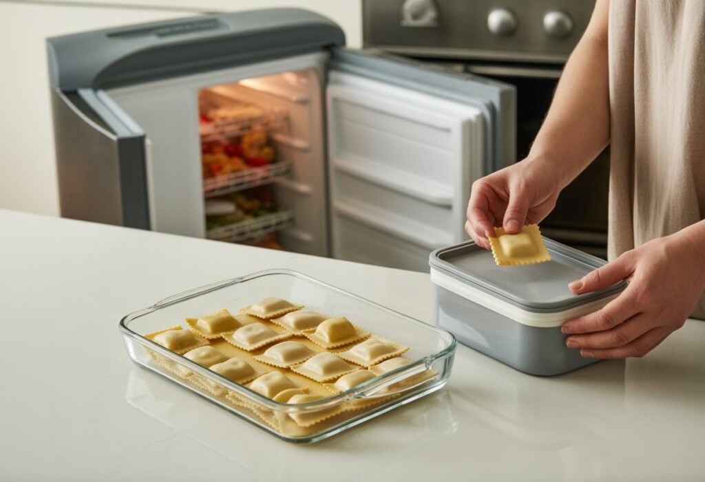 Une cuisine avec des mains plaçant des raviolis dans un récipient pour les congeler, avec un congélateur ouvert en arrière-plan.