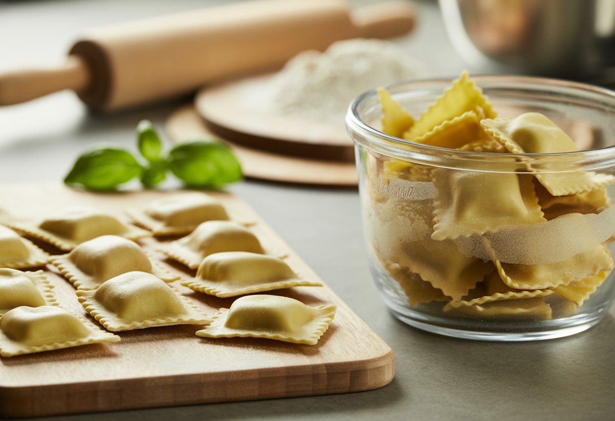 Un comptoir de cuisine avec des raviolis frais sur une planche en bois et des raviolis congelés dans un récipient en verre.