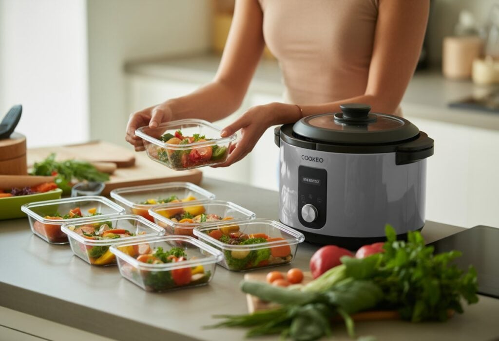 Une personne prépare plusieurs repas dans des boîtes en utilisant un Cookeo dans une cuisine lumineuse et bien organisée.