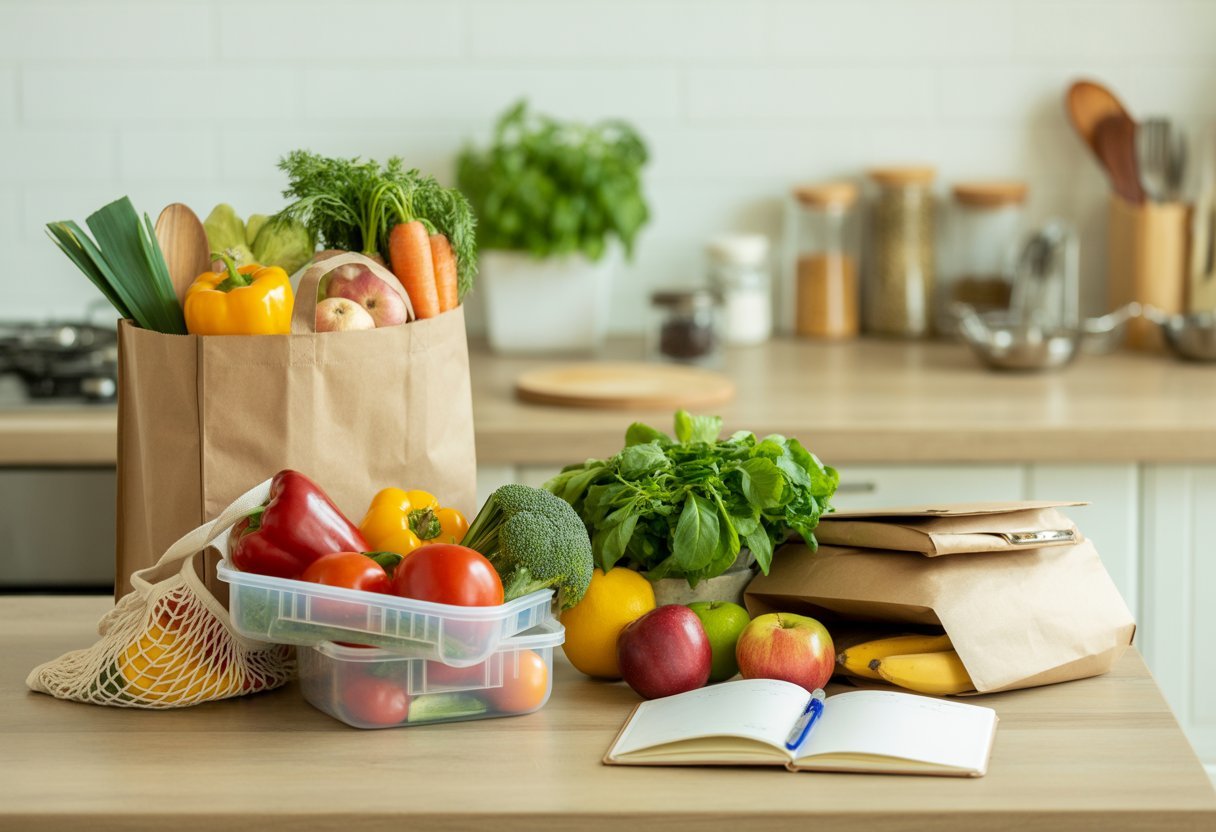 Une cuisine lumineuse avec une table en bois où sont disposés des sacs réutilisables remplis de légumes et fruits frais, à côté d'un carnet ouvert avec un stylo, suggérant la préparation d'une liste de courses pour le batch cooking.