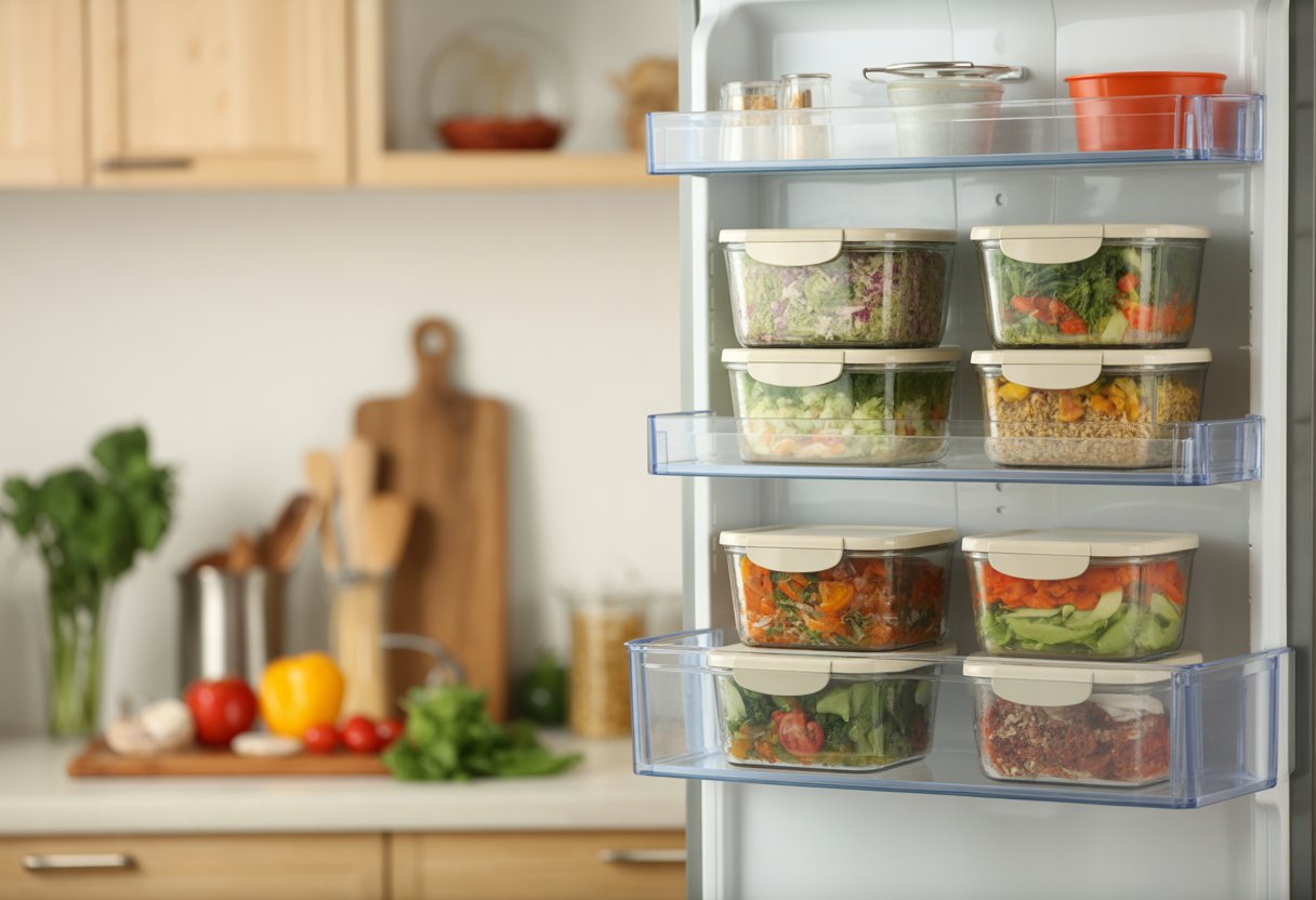 Intérieur d'un réfrigérateur bien organisé avec plusieurs contenants en verre remplis de repas préparés, dans une cuisine moderne.