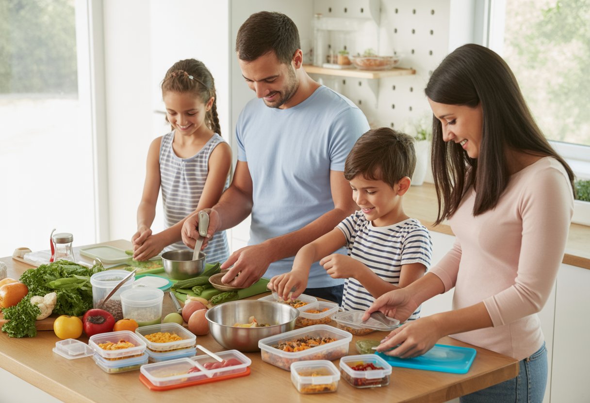 Une famille de quatre personnes prépare ensemble des repas en grande quantité dans une cuisine lumineuse et moderne.