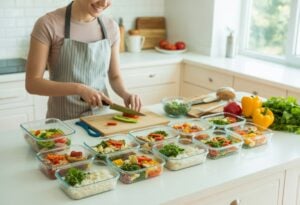 Un jeune adulte prépare plusieurs repas équilibrés dans une cuisine moderne et lumineuse.