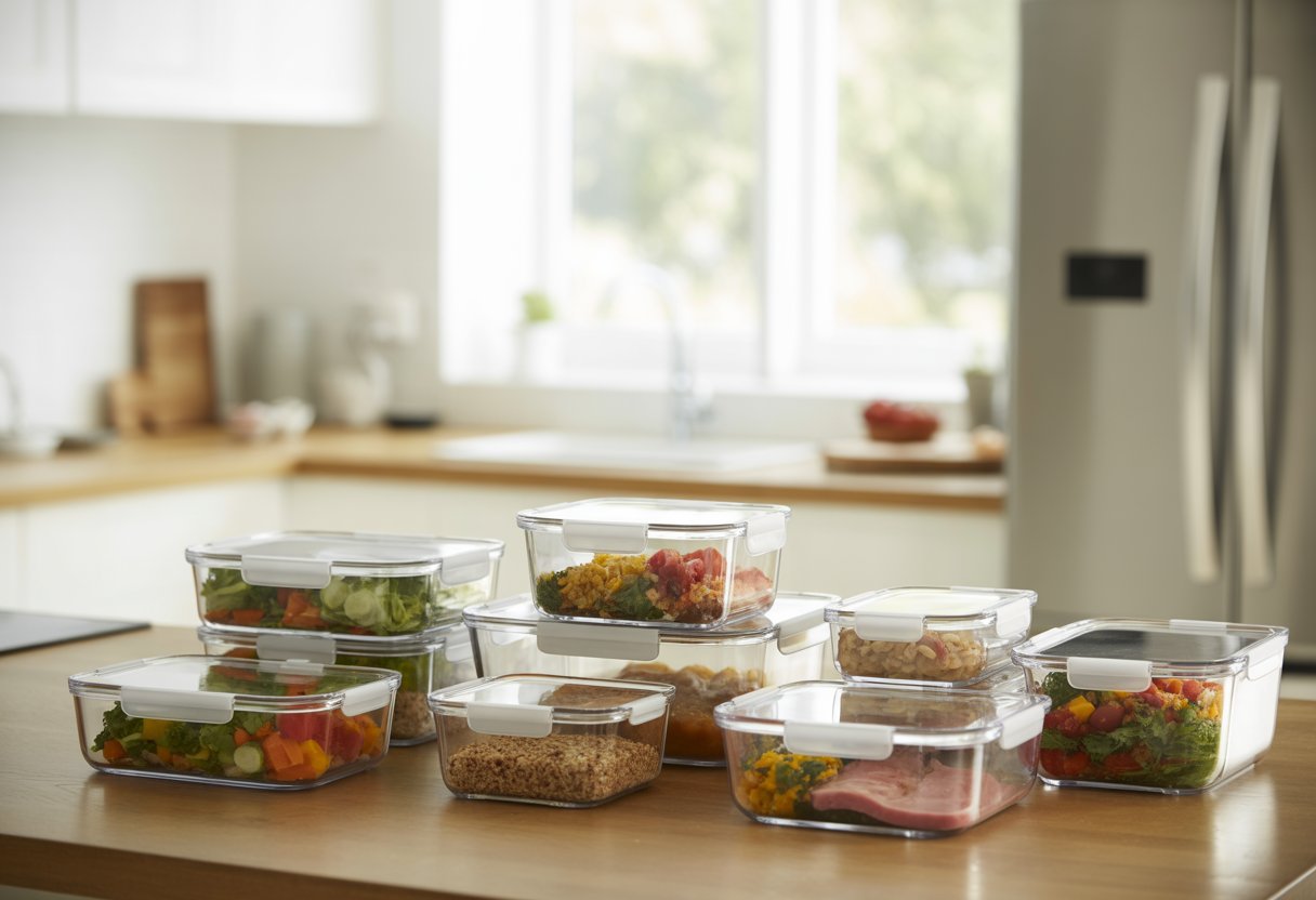 Cuisine moderne avec plusieurs contenants alimentaires transparents remplis de repas préparés et rangés sur un plan de travail en bois.