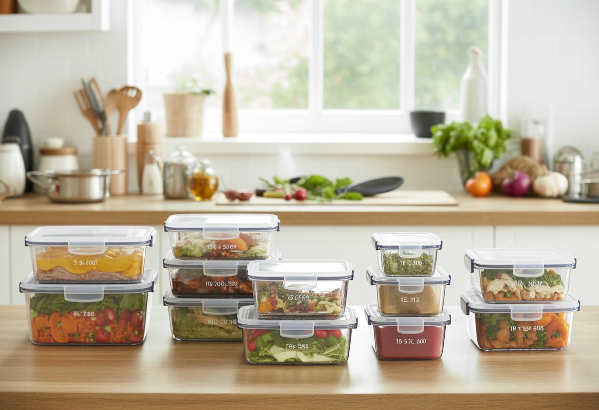 Un plan de travail de cuisine organisé avec plusieurs contenants alimentaires transparents remplis de repas préparés et d'ingrédients frais.