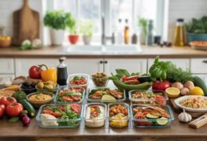 Table de cuisine en bois avec des plats méditerranéens préparés et des ingrédients frais disposés pour un repas de plusieurs semaines.
