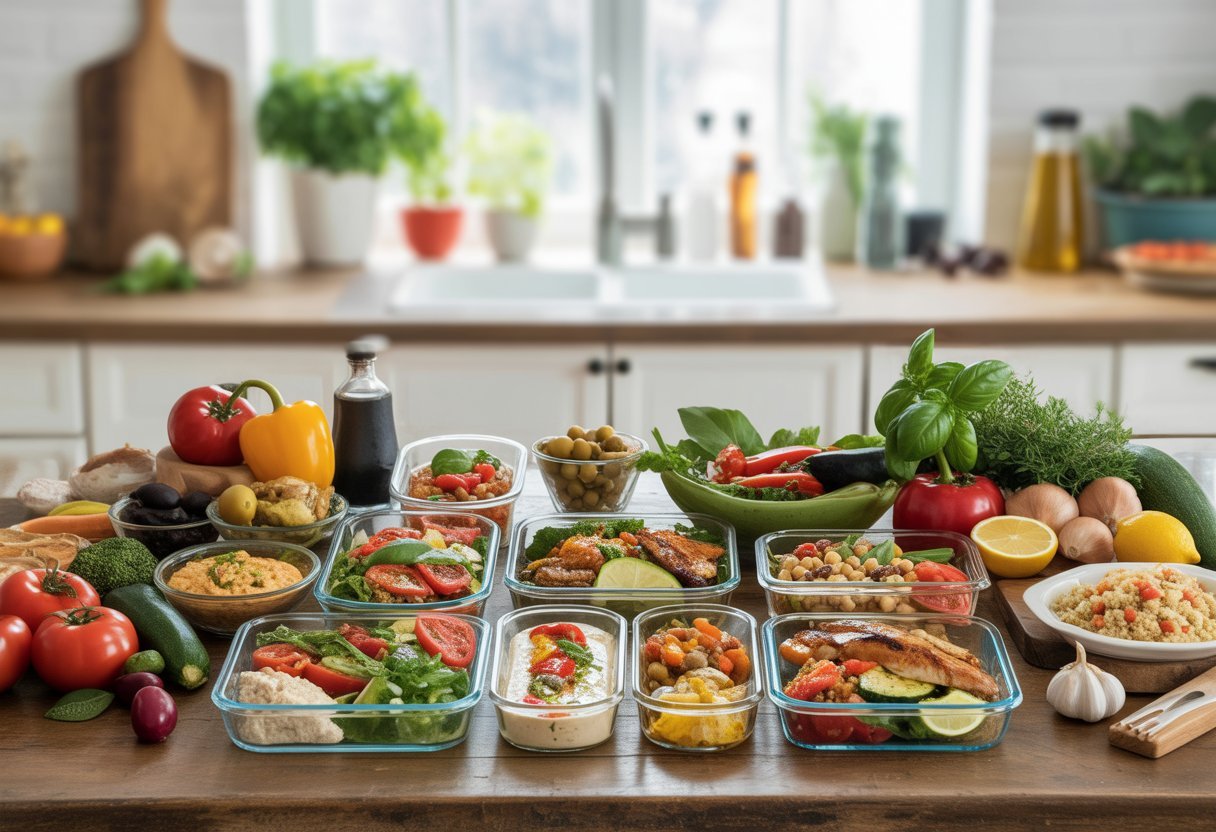Table de cuisine en bois avec des plats méditerranéens préparés et des ingrédients frais disposés pour un repas de plusieurs semaines.