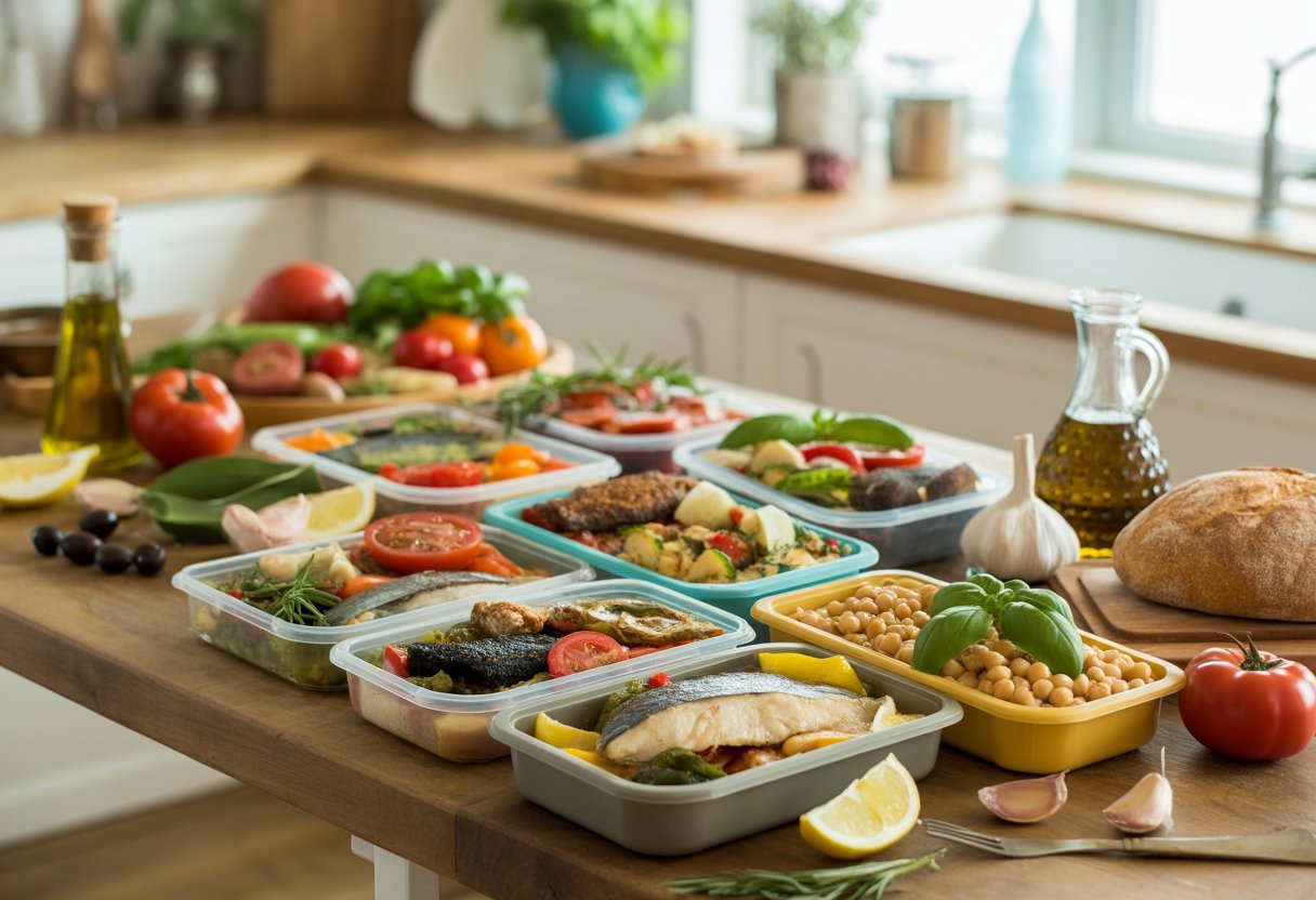 Une table de cuisine avec plusieurs plats méditerranéens préparés en portions, entourés d'ingrédients frais comme des tomates, des olives, des herbes et des légumes.