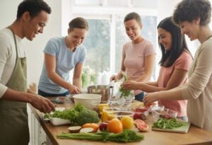 Personnes en train de cuisiner ensemble dans une cuisine moderne avec des aliments frais et des contenants réutilisables.