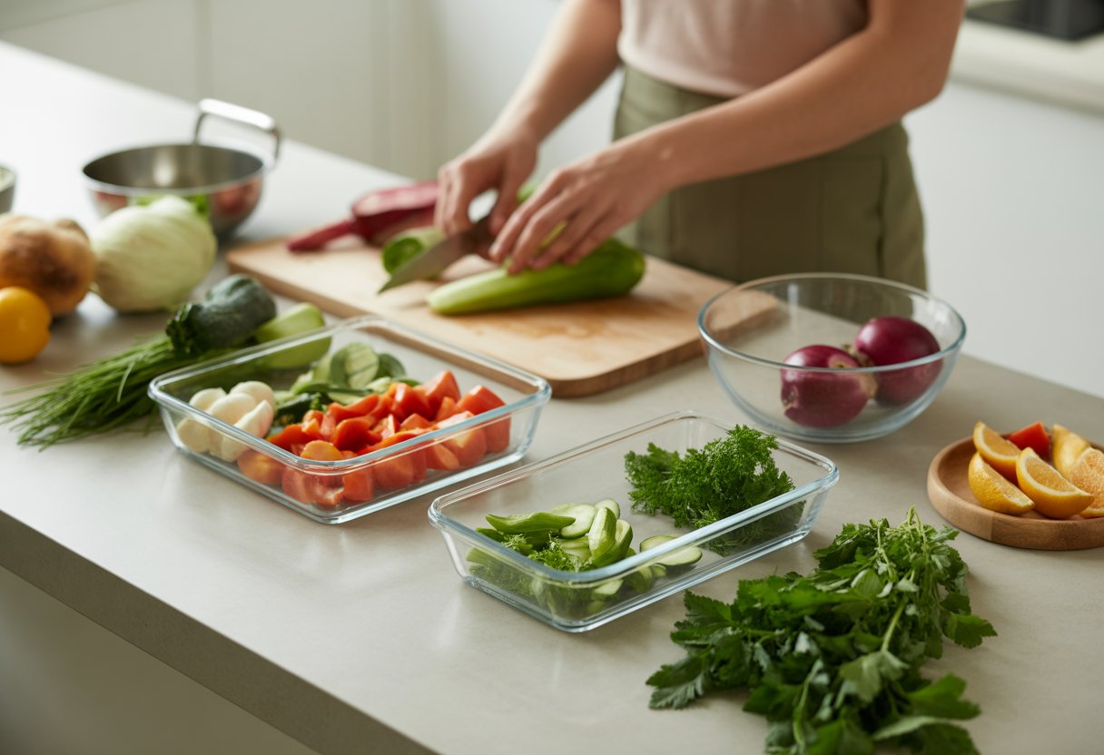 Une cuisine moderne avec des légumes frais préparés et rangés dans des contenants, une personne en train de cuisiner pour éviter le gaspillage alimentaire.