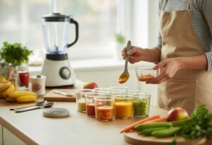 Une cuisine lumineuse avec un parent préparant des repas pour bébé, plusieurs contenants en verre remplis de purées colorées sont posés sur le plan de travail avec des fruits et légumes frais à côté.