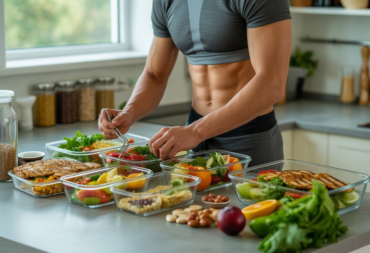 Une personne sportive prépare plusieurs repas sains en portions dans une cuisine lumineuse.