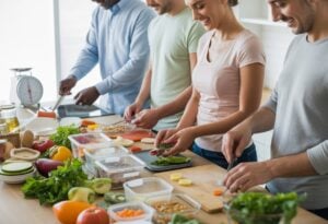 Des adultes préparent ensemble des repas sains et portionnés dans une cuisine lumineuse.