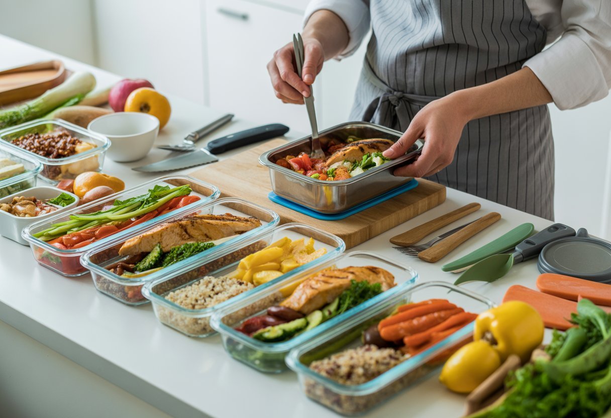Une cuisine avec des repas préparés en portions équilibrées pour diabétiques, montrant des ingrédients frais et une personne en train de préparer des plats.