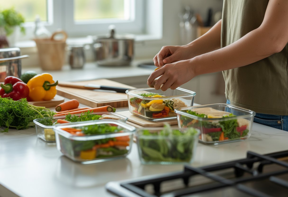 Une cuisine moderne avec des plats préparés en bocaux et des légumes frais sur le plan de travail, une personne en train de préparer un repas.